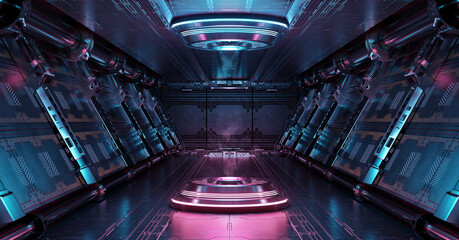 Poster - Blue and pink spaceship interior with projector. Futuristic corridor in space station with glowing neon lights background. 3d rendering