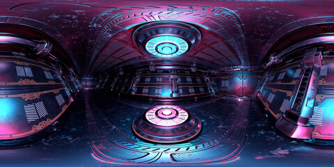 Wall Mural - HDRI panoramic view of dark blue pink spaceship interior. High resolution 360 degrees panorama reflection mapping of a futuristic spacecraft with projector 3D rendering
