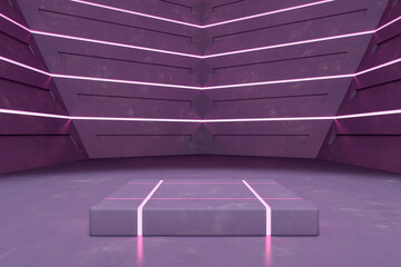 Poster - Abstract purple futuristic interior with pedestal and mock up place for object presentation. 3D Rendering.