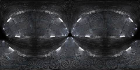 Leinwandbilder - Futuristic Hdri interior corridor with neon lights on panel walls. 360 degree panoramic view of triangle shaped spaceship background in space station. 3d rendering