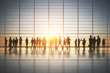 Aufkleber - Crowd of businesspeople working together in bright office interior with sunlight. Teamwork and corporate workplace concept. Double exposure.