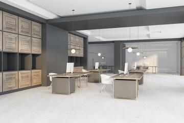 Poster - Bright wooden and concrete coworking office interior with furniture, equipment and daylight. 3D Rendering.