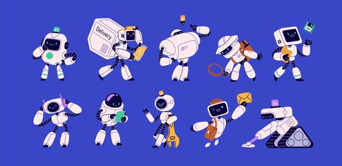 Aufkleber - Robots set with cute screen faces. Futuristic smart androids assistants at work. AI technology, digital characters. Human-like machines with artificial intelligence. Isolated flat vector illustrations