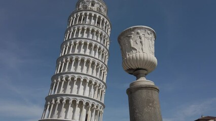 Wall Mural - Europe, Italy , Pisa, Tuscany , April 2022 - Pisa Tower in Piazza dei Miracoli Duomo cathedral, marble statue and leaning Tower with tourists after finish of Covid-19 Coronavirus 