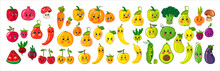 Set Of Fruits And Vegetables, Colorful Painted Cute Characters, Vector Illustration, Isolated On A White Background