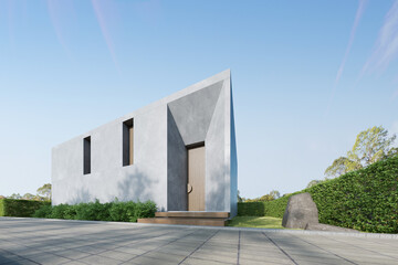 Aufkleber - 3d rendering of modern concrete building with large wooden door.