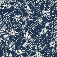 Wall Mural - tropical hibiscus flower plants patchwork vintage vector seamless pattern