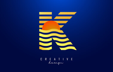 Letter K logo design with golden lines and red half circle. Vector illustration with wavy and sunset lines on a dark blue background.