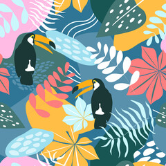 Seamless pattern with tropical exotic ornament with palm leaves and monstera, toucan birds. Summer abstract print. Vector graphics.