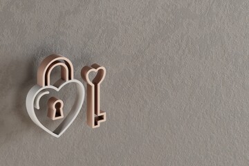 Fototapete - Beautiful abstract illustrations Withe and Golden Heart Padlock symbol icons on a gray wall background. 3d rendering illustration. Background pattern for design. .