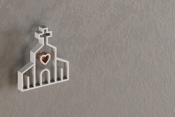 Poster - Beautiful abstract illustrations Withe and Golden Wedding Church with heart symbol icons on a gray wall background. 3d rendering illustration. Background pattern for design. .