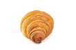 Plain Croissant on the side shows the streaks of the dough, a classic crescent-shaped croissant. isolated on a white background.