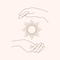 Female hand logo in a minimal linear style. Vector logo with hand and Sun.