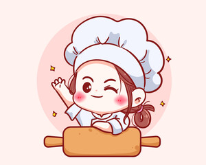 Cute chef girl in uniform character hold hand and smiling food restaurant logo cartoon art illustration