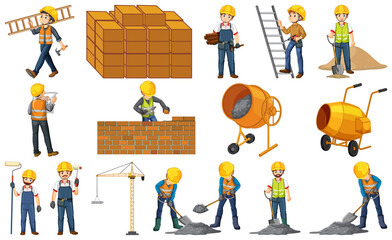 Wall Mural - Set of construction site objects and workers