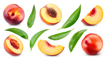 Peach Set Clipping Path. Collection Peach Isolated On White. Peach With Leaves