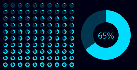 Set of percentage meter for report progress on blue background. Vector illustration of circles download or upload status website, waiting symbol in flat style.