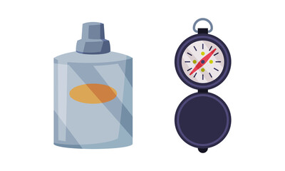 Poster - Metal Flask and Compass as Hunting Accessory Vector Set