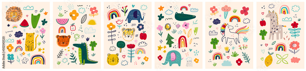 Baby posters and cards with animals and flowers pattern. Vector ...