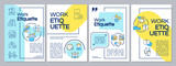 Fototapeta  - Work etiquette yellow and blue brochure template. Workplace ethical code. Leaflet design with linear icons. 4 vector layouts for presentation, annual reports. Questrial, Lato-Regular fonts used