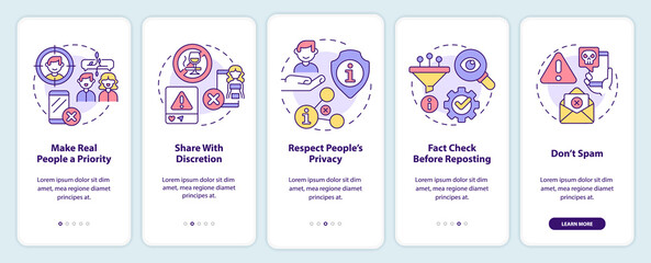 Wall Mural - Netiquette rules onboarding mobile app screen. Online interaction walkthrough 5 steps graphic instructions pages with linear concepts. UI, UX, GUI template. Myriad Pro-Bold, Regular fonts used