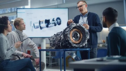 Poster - Innovative Green Energy Startup: Male Engineer Talks to Young Specialists about Engine Using Big Screen to Analyse Prototype. Sustainable Environmentally Friendly Carbon Neutral Turbine Concept