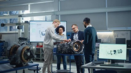 Poster - Diverse Engineers Work Together on Modification of Functioning of Electric Engine for Innovative Project. Engineering and Sustainable Energy Concept. Slow Motion