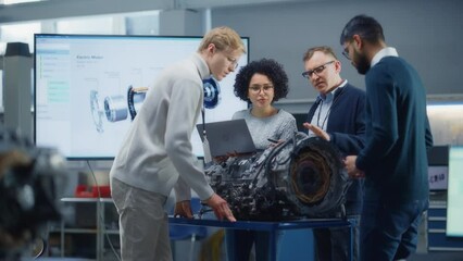 Poster - Team Meeting of Engineers Working on Innovative Electric Motor. Group of Specialists Gathered Around Table, Solving Problems. Research, Development, Digitalisation of Green Electric Energy Concept