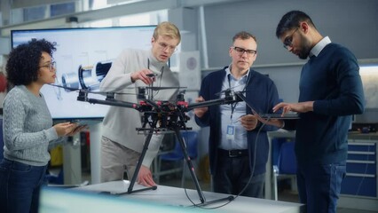 Poster - Diverse Group of Young Specialists Talk with Chief Engineer. Professionals use Laptop Working on Drone Design in a Bright Modern High-Tech Laboratory. Drone Industry Concept