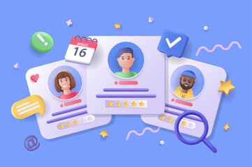 Poster - Candidate for job concept 3D illustration. Icon composition with different CVs of job seekers, scheduling interview date, process of searching and hiring. Vector illustration for modern web design