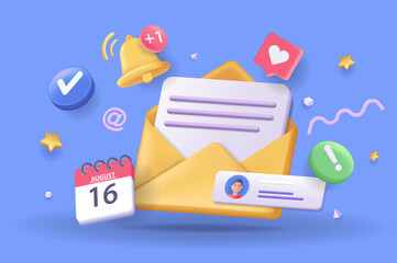 Aufkleber - Email service concept 3D illustration. Icon composition with open envelope with letter, reminder, checkmark, calendar date, contact and online communication. Vector illustration for modern web design