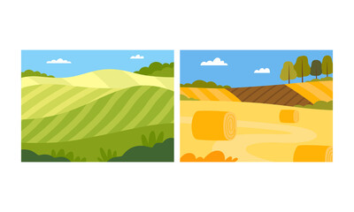 Sticker - Country View with Sown Field and Pasture Land as Green Landscape Vector Illustration Set