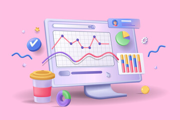Poster - Online marketing concept 3D illustration. Icon composition with computer display with charts, graphs and diagrams for market research and business promotion. Vector illustration for modern web design