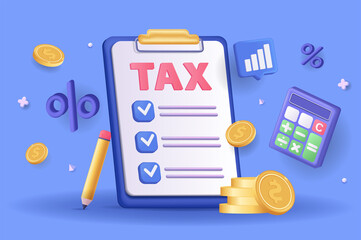 Aufkleber - Tax payment concept 3D illustration. Icon composition with financial annual accounting, calculating and paying invoice, budget analysis and transactions. Vector illustration for modern web design