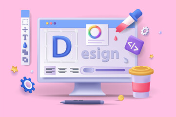 Ui UX design concept 3D illustration. Icon composition with computer display with process of making site layout or app interface, creating graphic elements. Vector illustration for modern web design