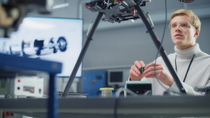 Aufkleber - Young Male Engineer Programming at Laptop while Work on a New Drone at Research Center Laboratory. People Designing Unmanned Aerial Vehicle Concept. Portrait View