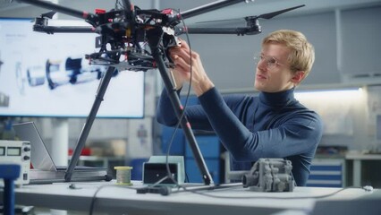 Poster - Electronics Male Engineer Works with Drone and Put Microchip at it. Concept of Computer Science Research Laboratory with Working Specialist. Portrait View