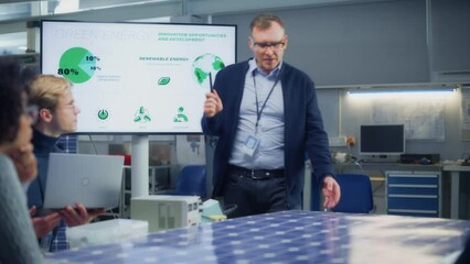 Poster - Team of Industrial Engineers Working on Solar Panel Construction. Male Scientist Talking with Diverse Specialists. Innovative More Efficient Solar Panel Battery Concept
