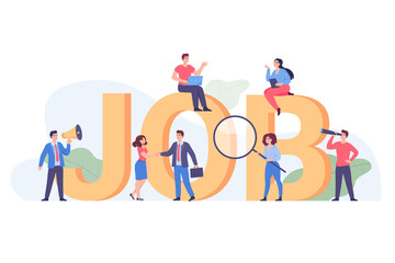 Wall Mural - Tiny business people around huge job word. Company persons searching for human resources with skills, people looking for career flat vector illustration. Job search, employment, freelance, HR concept