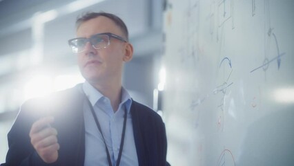 Poster - Chief Engineer Talk to Young Specialists and Working with Drafts on a Whiteboard while Discovering New in Engineering. Science and Research Concept. Portrait View
