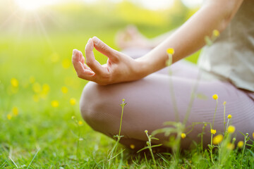 Wall Mural - Woman sitting in active wear in lotus position in nature.