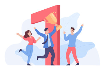 Wall Mural - group of employees with award or trophy in front of number one. cartoon business people as competiti
