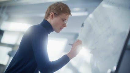 Poster - Young Male Scientist Smiling, Find Solutions and Write Formulas at the Whiteboard. Education, Learning and Startup Concept. Low Angle View