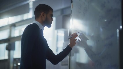Poster - Black Male Scientist Solves Complex Mathematical Problems Standing at the Whiteboard. Education, Science and Conceptuality Concept. Portrait View