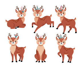 Wall Mural - comic deer in different poses vector illustrations set. reindeer or fawn cartoon character, wild ani
