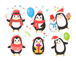 Wall Mural - Comic penguin celebrating Christmas vector illustrations set. Cute wild bird cartoon character in scarf with balloons, confetti, gift isolated on white background. Winter holidays, decoration concept
