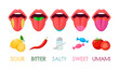 Five basic taste areas on human tongue vector illustrations set. Drawings of zones of sour, bitter, salty, sweet, umami tastes in mouth isolated on white background. Anatomy, physiology concept