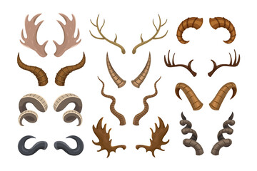 Wall Mural - Antlers of wild animals vector illustrations set. Shapes of horns of ram, reindeer, deer, moose, cow, stag isolated on white background. Wildlife, hunting, decoration concept