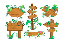 Signboards Or Signs On Poles From Wood Vector Illustrations Set. Wooden Direction Pointers And Planks With Plants, Leaves And Lianas In Forest Isolated On White Background. Jungle, Information Concept