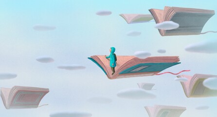 Book of Imagination and a boy. Fantasy art. Concept idea of education, kid, child dream, inspiration, creative, adventure and lerning. Conceptual 3d illustration. Surreal painting. 